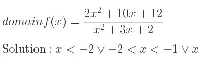 The domain of f(x)=(2x^2+10x+12)/(x^2+3x+2) is x<-2\lor-2<x<-1\lor x>-1